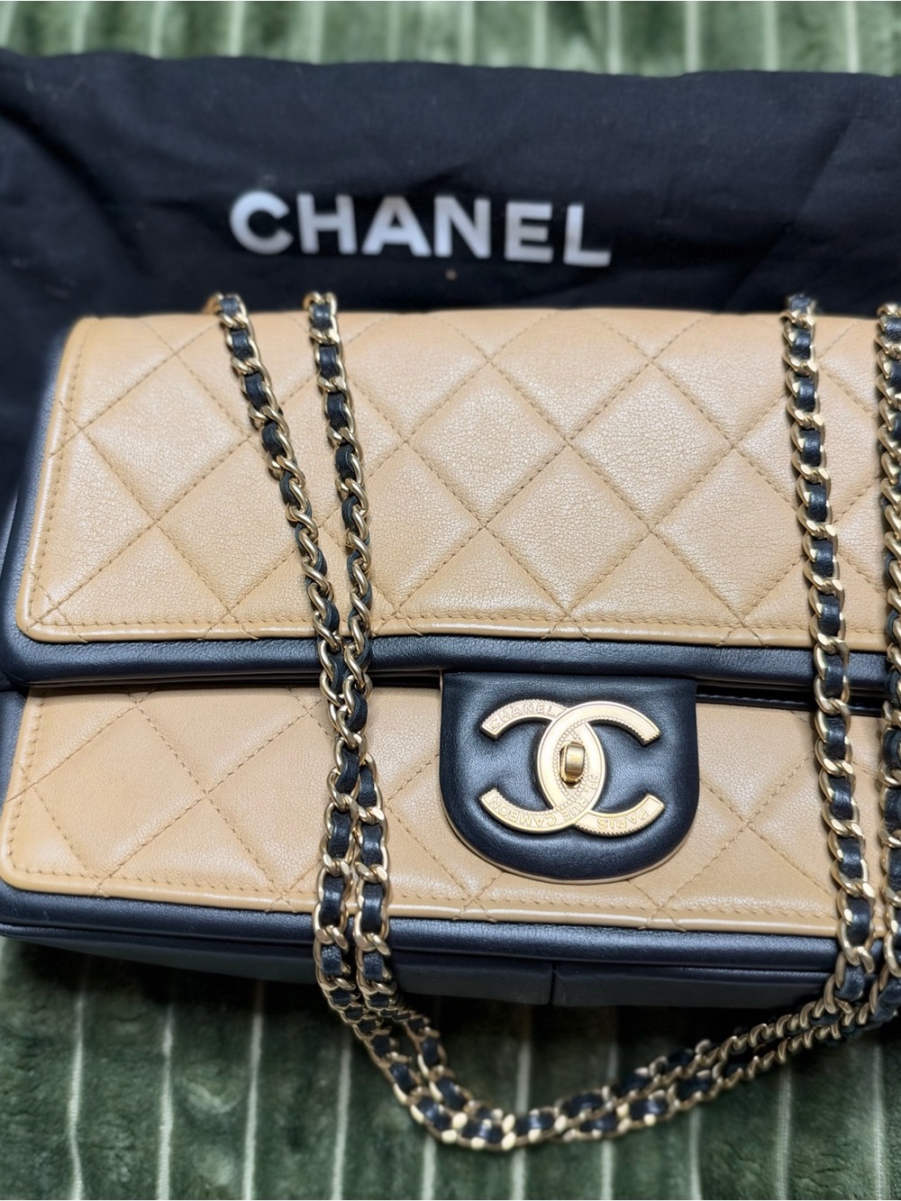 CHANEL Tan and Black Quilted Leather Shoulder Bag with Gold Chain Authentic 💯